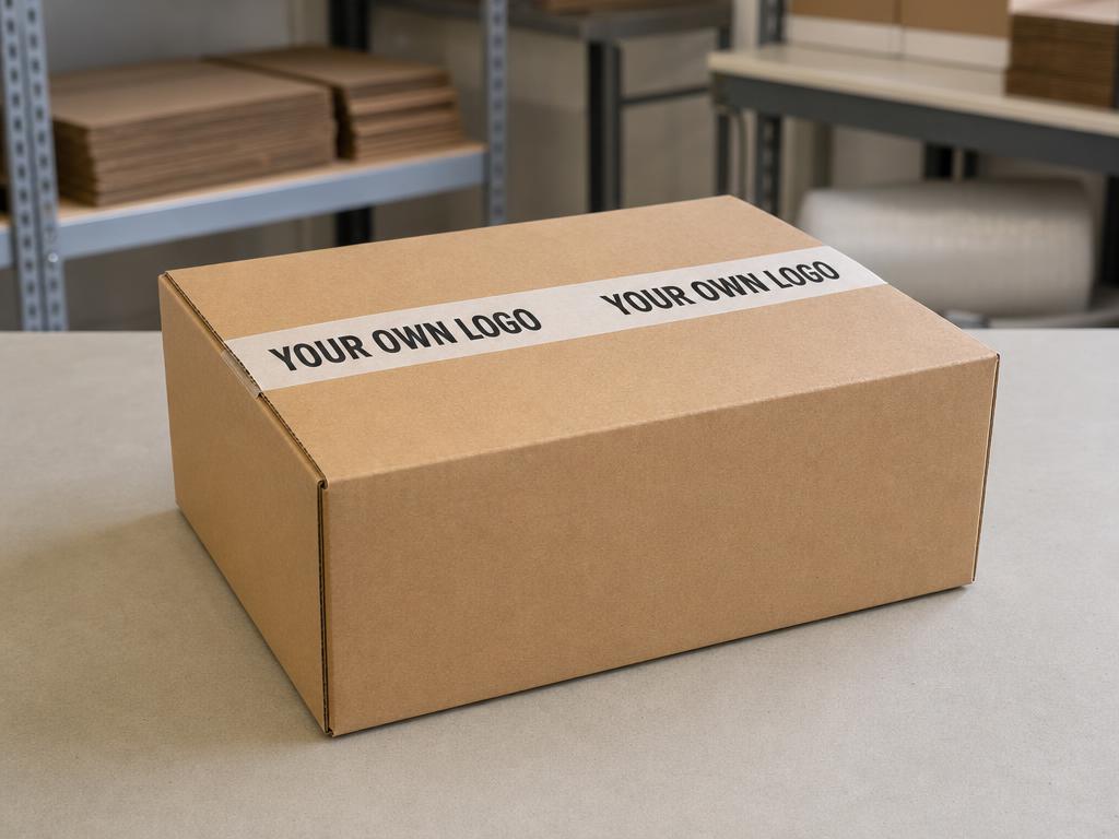 A sealed cardboard box on a packing bench, sealed with branded packing tape reading "your own logo"