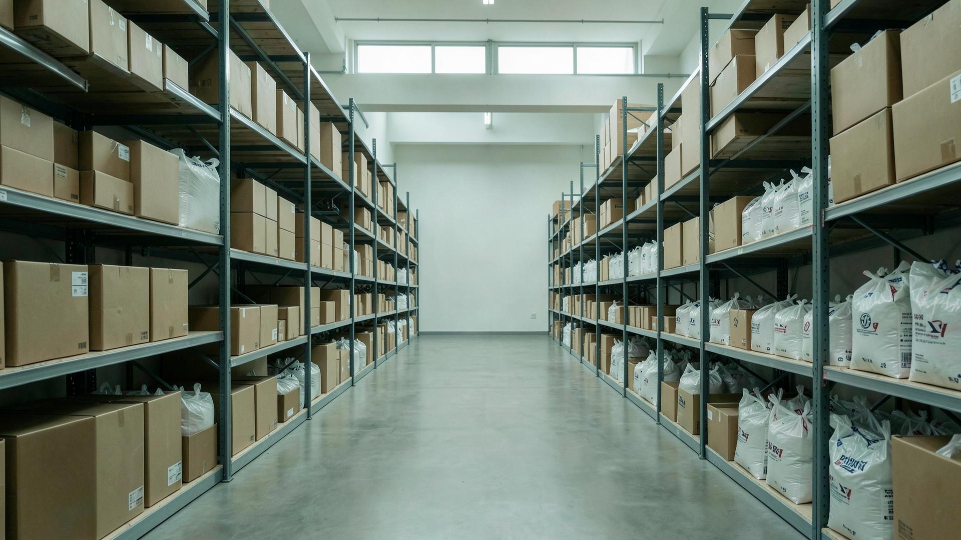Inside a modern fulfilment operation: tall shelving racks with boxes and a wide aisle in daylight